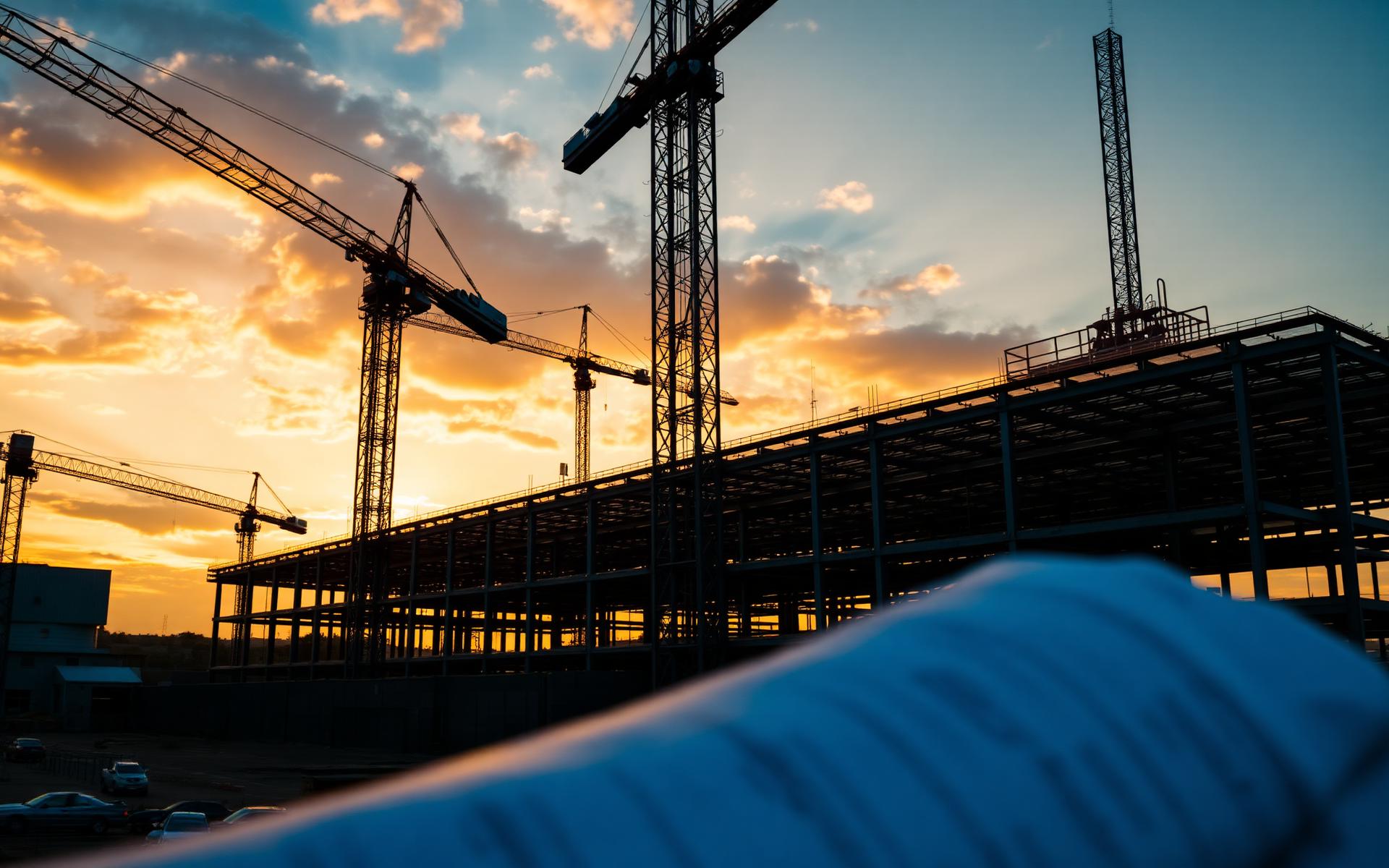 Civil engineering construction site at golden hour
